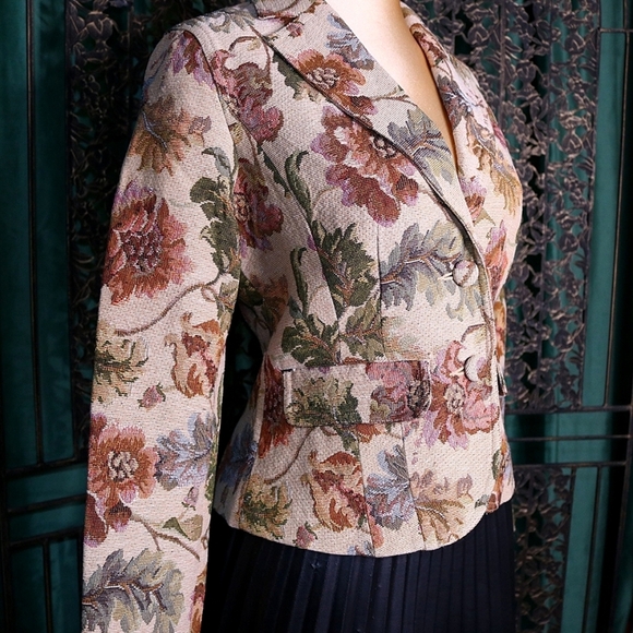 90s Botanical Tapestry Tailored Fit Blazer Neutral Crazy Horse Liz Claiborne, S - Picture 2 of 7